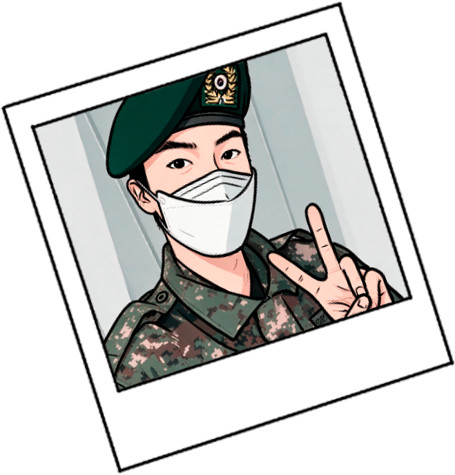 Selfie de un integrante de BTS con uniforme militar haciendo la señal de la paz