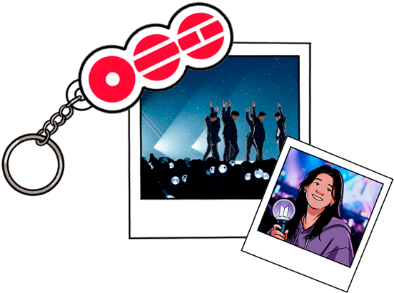 Llavero del logo de BTS junto a fotos tipo polaroid de un concierto y de una fan con su lightstick